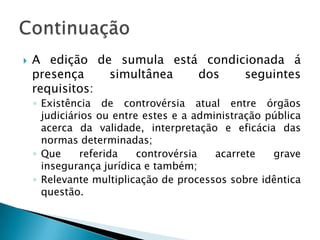 Necessidade de Repercussão Geral – objetivo reduzir o grande volume de processos que chegam ao STF e acelerar a prestação jurisdicional.RG – questões relevantes do ponto de vista jurídico, politico, social ou econômico e que ultrapassem os interesses subjetivos da causa.EC 45.