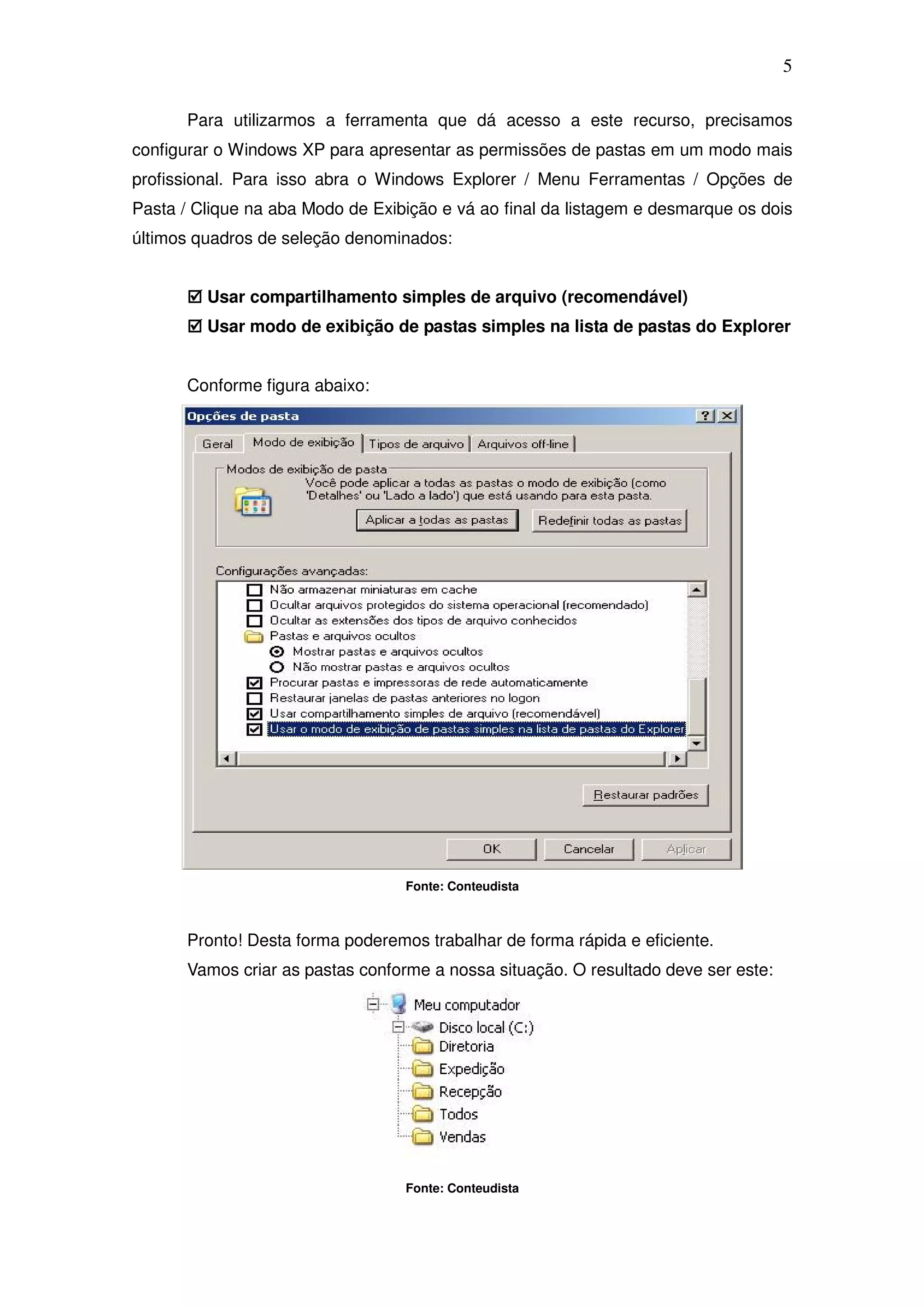 5

      Para utilizarmos a ferramenta que dá acesso a este recurso, precisamos
configurar o Windows XP para apresentar as permissões de pastas em um modo mais
profissional. Para isso abra o Windows Explorer / Menu Ferramentas / Opções de
Pasta / Clique na aba Modo de Exibição e vá ao final da listagem e desmarque os dois
últimos quadros de seleção denominados:


         Usar compartilhamento simples de arquivo (recomendável)
         Usar modo de exibição de pastas simples na lista de pastas do Explorer


      Conforme figura abaixo:




                                  Fonte: Conteudista



      Pronto! Desta forma poderemos trabalhar de forma rápida e eficiente.
      Vamos criar as pastas conforme a nossa situação. O resultado deve ser este:




                                  Fonte: Conteudista
 