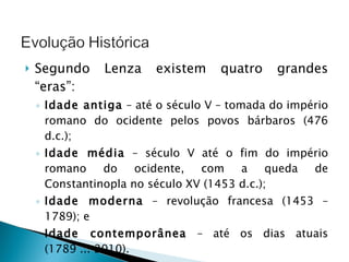 Segundo Lenza existem quatro grandes “eras”: Idade antiga  – até o século V – tomada do império romano do ocidente pelos povos bárbaros (476 d.c.); Idade média  – século V até o fim do império romano do ocidente, com a queda de Constantinopla no século XV (1453 d.c.); Idade moderna  – revolução francesa (1453 – 1789); e Idade contemporânea  – até os dias atuais (1789 ... 2010). 