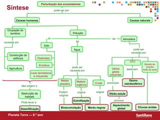 Perturbação dos ecossistemas
  Síntese                                 pode ser por


         Causas humanas                                                                                   Causas naturais


  Ocupação do
    território                                             Poluição
                                     do                                                   da        Atmosfera
causada por                                                  da
                                  Solo
                                                            Água                                             pode ser
                                                                                                           causada por
    Construção de
      edifícios              Pesticidas
                                                                                                          CFC
                                                                                                                       Dióxido de
                               Entulhos
                                                           pode ser                                                       enxofre
   Agricultura                                                                           Vários         destroem      óxido de azoto
                                                         causada por                      gases
                     Lixos domésticos
                                                                                        poluentes
                        e industriais
                                               Metais        Matéria                                     Ozono
                                              pesados                       Crude      provocam      estratosférico
              dão origem a                                   orgânica

                                              Podem           origina        origina
              Destruição de                                                             Efeito estufa
                                              originar
                habitats
                                                           Eutrofização                    provoca
              Pode levar à
                                                                                          Aquecimento
                                               Bioacumulação            Marés negras         global                Chuvas ácidas
              Desertificação

   Planeta Terra — 8.º ano
 