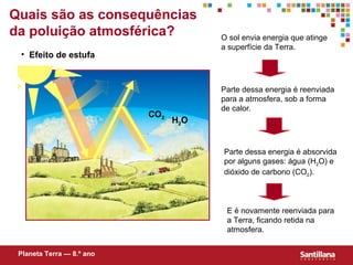 Quais são as consequências
da poluição atmosférica?               O sol envia energia que atinge
                                       a superfície da Terra.
 • Efeito de estufa


                                       Parte dessa energia é reenviada
                                       para a atmosfera, sob a forma
                                       de calor.
                           CO2
                                 H2O


                                       Parte dessa energia é absorvida
                                       por alguns gases: água (H2O) e
                                       dióxido de carbono (CO2).



                                        E é novamente reenviada para
                                        a Terra, ficando retida na
                                        atmosfera.


 Planeta Terra — 8.º ano
 