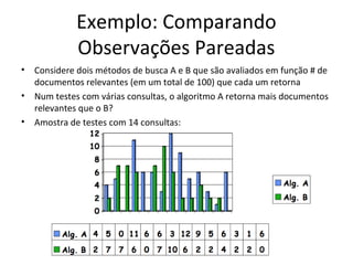 Exemplo: Comparando
Observações Pareadas
• Considere dois métodos de busca A e B que são avaliados em função # de
documentos relevantes (em um total de 100) que cada um retorna
• Num testes com várias consultas, o algoritmo A retorna mais documentos
relevantes que o B?
• Amostra de testes com 14 consultas:
 