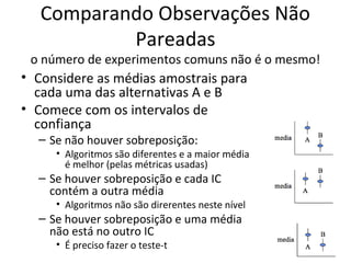 Comparando Observações Não
Pareadas
o número de experimentos comuns não é o mesmo!
• Considere as médias amostrais para
cada uma das alternativas A e B
• Comece com os intervalos de
confiança
– Se não houver sobreposição:
• Algoritmos são diferentes e a maior média
é melhor (pelas métricas usadas)
– Se houver sobreposição e cada IC
contém a outra média
• Algoritmos não são direrentes neste nível
– Se houver sobreposição e uma média
não está no outro IC
• É preciso fazer o teste-t
 