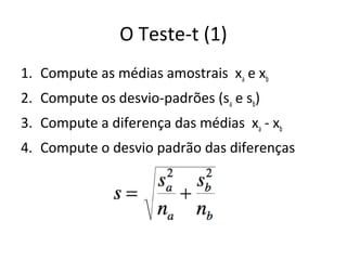 O Teste-t (1)
1. Compute as médias amostrais xa e xb
2. Compute os desvio-padrões (sa e sb)
3. Compute a diferença das médias xa - xb
4. Compute o desvio padrão das diferenças
 