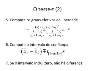 O teste-t (2)
5. Compute os graus efetivos de liberdade
6. Compute o intervalo de confiança
7. Se o intervalo inclui zero, não há diferença
 