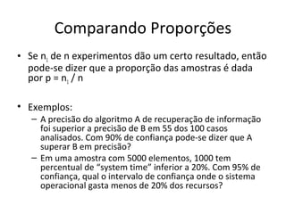 Comparando Proporções
• Se n1 de n experimentos dão um certo resultado, então
pode-se dizer que a proporção das amostras é dada
por p = n1 / n
• Exemplos:
– A precisão do algoritmo A de recuperação de informação
foi superior a precisão de B em 55 dos 100 casos
analisados. Com 90% de confiança pode-se dizer que A
superar B em precisão?
– Em uma amostra com 5000 elementos, 1000 tem
percentual de “system time” inferior a 20%. Com 95% de
confiança, qual o intervalo de confiança onde o sistema
operacional gasta menos de 20% dos recursos?
 