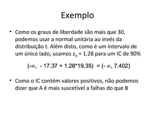 Exemplo
• Como os graus de liberdade são mais que 30,
podemos usar a normal unitária ao invés da
distribuição t. Além disto, como é um intervalo de
um único lado, usamos z90 = 1.28 para um IC de 90%
• Como o IC contém valores positivos, não podemos
dizer que A é mais suscetível a falhas do que B
 