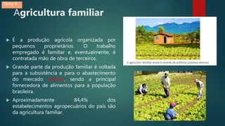 Agricultura familiar
 É a produção agrícola organizada por
pequenos proprietários. O trabalho
empregado é familiar e, eventualmente, é
contratada mão de obra de terceiros.
 Grande parte da produção familiar é voltada
para a subsistência e para o abastecimento
do mercado interno, sendo a principal
fornecedora de alimentos para a população
brasileira.
 Aproximadamente 84,4% dos
estabelecimentos agropecuários do país são
da agricultura familiar.
Tema 4
 