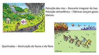 Poluição dos rios – Descarte irregular do lixo.
Poluição atmosférica – Fábricas lançam gases
tóxicos.
Queimadas – Destruição da fauna e da flora
 