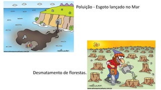 Poluição - Esgoto lançado no Mar
Desmatamento de florestas.
 