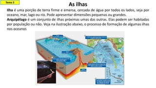 As ilhas
Ilha é uma porção de terra firme e emersa, cercada de água por todos os lados, seja por
oceano, mar, lago ou rio. Pode apresentar dimensões pequenas ou grandes.
Arquipélago é um conjunto de ilhas próximas umas das outras. Elas podem ser habitadas
por população ou não. Veja na ilustração abaixo, o processo de formação de algumas ilhas
nos oceanos
Tema 3
 