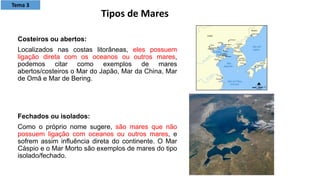 Costeiros ou abertos:
Localizados nas costas litorâneas, eles possuem
ligação direta com os oceanos ou outros mares,
podemos citar como exemplos de mares
abertos/costeiros o Mar do Japão, Mar da China, Mar
de Omã e Mar de Bering.
Fechados ou isolados:
Como o próprio nome sugere, são mares que não
possuem ligação com oceanos ou outros mares, e
sofrem assim influência direta do continente. O Mar
Cáspio e o Mar Morto são exemplos de mares do tipo
isolado/fechado.
Tipos de Mares
Tema 3
 