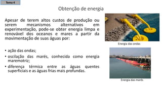 Obtenção de energia
Apesar de terem altos custos de produção ou
serem mecanismos alternativos em
experimentação, pode-se obter energia limpa e
renovável dos oceanos e mares a partir da
movimentação de suas águas por:
• ação das ondas;
• oscilação das marés, conhecida como energia
maremotriz;
• diferença térmica entre as águas quentes
superficiais e as águas frias mais profundas.
Energia das ondas
Energia das marés
Tema 4
 