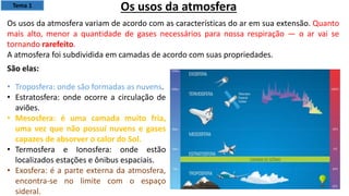 São elas:
• Troposfera: onde são formadas as nuvens.
• Estratosfera: onde ocorre a circulação de
aviões.
• Mesosfera: é uma camada muito fria,
uma vez que não possui nuvens e gases
capazes de absorver o calor do Sol.
• Termosfera e Ionosfera: onde estão
localizados estações e ônibus espaciais.
• Exosfera: é a parte externa da atmosfera,
encontra-se no limite com o espaço
sideral.
Os usos da atmosfera
Os usos da atmosfera variam de acordo com as características do ar em sua extensão. Quanto
mais alto, menor a quantidade de gases necessários para nossa respiração — o ar vai se
tornando rarefeito.
A atmosfera foi subdividida em camadas de acordo com suas propriedades.
Tema 1
 