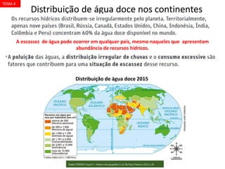 A escassez de água pode ocorrer em qualquer país, mesmo naqueles que apresentam
abundância de recursos hídricos.
Distribuição de água doce nos continentes
TEMA 4
Distribuição de água doce 2015
 