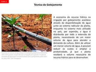 A economia do recurso hídrico na
irrigação por gotejamento acontece
através da disponibilização de água
junto ao sistema radicular da planta,
enquanto no sistema mais utilizado
no país, por aspersão, a água é
distribuída por toda a extensão da
planta, necessitando de um maior
volume de água para atender a
demanda da cultura. Além de utilizar
um menor volume de água, é possível
reduzir os custos e ampliar a
produtividade, já que a planta
receberá o volume necessário do
recurso hídrico para se desenvolver.
Técnica do Gotejamento
TEMA 4
 