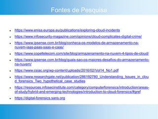 Fontes de Pesquisa
 https://www.enisa.europa.eu/publications/exploring-cloud-incidents
 https://www.infosecurity-magazine.com/opinions/cloud-complicates-digital-crime/
 https://www.ipsense.com.br/blog/conheca-os-modelos-de-armazenamento-na-
nuvem-iaas-paas-saas-e-caas/
 https://www.copeltelecom.com/site/blog/armazenamento-na-nuvem-4-tipos-de-cloud/
 https://www.ipsense.com.br/blog/quais-sao-os-maiores-desafios-do-armazenamento-
na-nuvem/
 https://www.csiac.org/wp-content/uploads/2016/02/Vol14_No1.pdf
 https://www.researchgate.net/publication/286192780_Understanding_Issues_in_clou
d_forensics_Two_hypothetical_case_studies
 https://resources.infosecinstitute.com/category/computerforensics/introduction/areas-
of-study/hybrid-and-emerging-technologies/introduction-to-cloud-forensics/#gref
 https://digital-forensics.sans.org
 