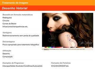 Tratamento de Imagem
Desenho Vetorial
Baseado em fórmulas matemáticas
Retângulos
Círculos
Curvas de Bézier
linhas/cores/transparências etc.
Vantagens
Redimensionamento sem perda de qualidade
Desvantagens
Pouco apropriado para tratamento fotográfico
Utilização
Desenho
Composição
Exemplos de Programas: Formatos de Ficheiros
Inkscape/Adobe Illustrator/CorelDraw/Autocad/etc SVG/AI/CDR/DXF/etc.
 