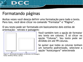 Formatando páginas Muitas vezes você deseja definir uma formatação para todo o texto. Para isso, você deve clicar no comando “Formatar” e “Página”. O seu texto pode ser formatado em basicamente dois estilos de orientação:  retrato e paisagem: Figura 7 – Orientação da página, a) Retrato e b) Paisagem. Fonte: BrOffice Writer, da Sun. a)  b) Você também tem a opção de formatar seu texto em colunas. É só clicar na opção “Colunas”. Seu texto pode ser dividido em até 99 colunas. Se quiser que todas as colunas tenham um tamanho padronizado, selecione a opção “AutoLargura” selecionada 