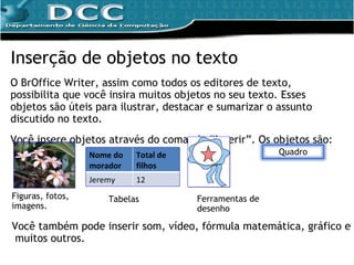 Inserção de objetos no texto O BrOffice Writer, assim como todos os editores de texto, possibilita que você insira muitos objetos no seu texto. Esses objetos são úteis para ilustrar, destacar e sumarizar o assunto discutido no texto. Você insere objetos através do comando “Inserir”. Os objetos são: Figuras, fotos, imagens. Tabelas Ferramentas de desenho Você também pode inserir som, vídeo, fórmula matemática, gráfico e muitos outros. Nome do morador Total de filhos Jeremy 12 Quadro 