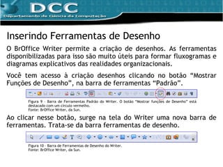 Inserindo Ferramentas de Desenho O BrOffice Writer  permite a criação de desenhos. As ferramentas disponibilizadas para isso são muito úteis para formar fluxogramas e diagramas explicativos das realidades organizacionais . Você tem acesso à criação desenhos clicando no botão “Mostrar Funções de Desenho”, na barra de ferramentas “Padrão”. Ao clicar nesse botão, surge na tela do Writer uma nova barra de ferramentas. Trata-se da barra ferramentas de desenho. Figura 9 – Barra de Ferramentas Padrão do Writer. O botão “Mostrar funções de Desenho” está destacado com um círculo vermelho. Fonte: BrOffice Writer, da Sun. Figura 10 – Barra de Ferramentas de Desenho do Writer. Fonte: BrOffice Writer, da Sun. 