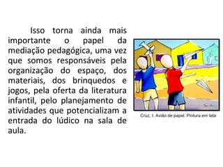 Isso torna ainda mais
importante o papel da
mediação pedagógica, uma vez
que somos responsáveis pela
organização do espaço, dos
materiais, dos brinquedos e
jogos, pela oferta da literatura
infantil, pelo planejamento de
atividades que potencializam a
entrada do lúdico na sala de
aula.
Cruz, I. Avião de papel. Pintura em tela
 