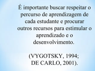 É importante buscar respeitar o
percurso de aprendizagem de
cada estudante e procurar
outros recursos para estimular o
aprendizado e o
desenvolvimento.
(VYGOTSKY, 1994;
DE CARLO, 2001).
 
