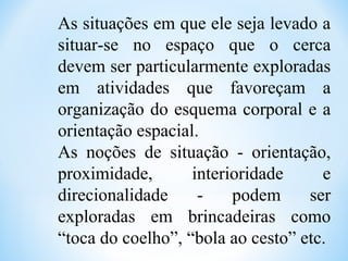 As situações em que ele seja levado a
situar-se no espaço que o cerca
devem ser particularmente exploradas
em atividades que favoreçam a
organização do esquema corporal e a
orientação espacial.
As noções de situação - orientação,
proximidade, interioridade e
direcionalidade - podem ser
exploradas em brincadeiras como
“toca do coelho”, “bola ao cesto” etc.
 
