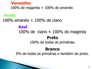 Vermelho   100% de magenta + 100% de amarelo   Azul     100% de  ciano + 100% do magenta Verde     100% amarelo + 100% de ciano Preto 100% de todas as primárias . Branco 0% de todas as primárias e também do preto. 