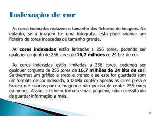 As cores indexadas reduzem o tamanho dos ficheiros de imagens. No entanto, se a imagem for uma fotografia, esta pode originar um ficheiro de cores indexadas de tamanho grande.  As  cores indexadas  estão limitadas a 256 cores, podendo ser qualquer conjunto de 256 cores de  16,7 milhões  de 24 bits de cor.  As cores indexadas estão limitadas a 256 cores, podendo ser qualquer conjunto de 256 cores de  16,7 milhões de 24 bits de cor . Se tivermos um gráfico a preto e branco e se este for guardado com um formato de cor indexada, a tabela contém apenas as cores preta e branca necessárias para a imagem e não precisa de conter 256 cores ou menos. Assim, o ficheiro torna-se mais pequeno, não necessitando de guardar informação a mais. 