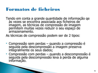 Tendo em conta a grande quantidade de informação qe às vezes se encontra associada aos ficheiros de imagem, as técnicas de compressão de imagem permitem muitas vezes reduzir o seu espaço de armazenamento. As técnicas de compressão podem ser de 2 tipos: Compressão sem perdas – quando a compressão é seguida pela descompressão a imagem preserva integralmente os seus dados; Compressão com perdas – quando a descompressão é seguida pela descompressão leva à perda de alguma informação. 
