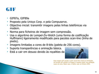 GIF87a, GIF89a Proposto pela Unisys Corp. e pela Compuserve. Objectivo inicial: transmitir imagens pelas linhas telefónicas via modem. Norma para ficheiros de imagem sem compressão. Usa o algoritmo de Lempel-Ziv-Welch (uma forma de codificação Huffmann) ligeiramente modificado para pacotes scan-line (linha de pixéis). Imagens limitadas a cores de 8-bits (paleta de 256 cores). Suporta transparências e animação básica. Está a cair em desuso devido às royalities da sua patente. Esta imagem GIF gerada a partir duma foto mostra as limitações do formato GIF quando na imagem é suposto existir uma gradação  suave de cores. Neste caso, é melhor usar um ficheiro JPEG. 