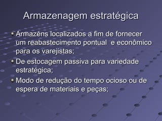 Armazenagem estratégicaArmazenagem estratégica
Armazéns localizados a fim de fornecerArmazéns localizados a fim de fornecer
um reabastecimento pontual e econômicoum reabastecimento pontual e econômico
para os varejistas;para os varejistas;
De estocagem passiva para variedadeDe estocagem passiva para variedade
estratégica;estratégica;
Modo de redução do tempo ocioso ou deModo de redução do tempo ocioso ou de
espera de materiais e peças;espera de materiais e peças;
 