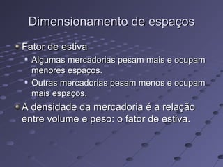 Dimensionamento de espaçosDimensionamento de espaços
Fator de estivaFator de estiva

Algumas mercadorias pesam mais e ocupamAlgumas mercadorias pesam mais e ocupam
menores espaços.menores espaços.

Outras mercadorias pesam menos e ocupamOutras mercadorias pesam menos e ocupam
mais espaços.mais espaços.
A densidade da mercadoria é a relaçãoA densidade da mercadoria é a relação
entre volume e peso: o fator de estiva.entre volume e peso: o fator de estiva.
 