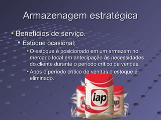 Armazenagem estratégicaArmazenagem estratégica
Benefícios de serviço.Benefícios de serviço.

Estoque ocasional;Estoque ocasional;
O estoque é posicionado em um armazém noO estoque é posicionado em um armazém no
mercado local em antecipação às necessidadesmercado local em antecipação às necessidades
do cliente durante o período crítico de vendas.do cliente durante o período crítico de vendas.
Após o período crítico de vendas o estoque éApós o período crítico de vendas o estoque é
eliminado.eliminado.
 