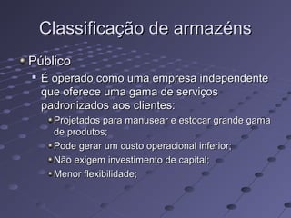 Classificação de armazénsClassificação de armazéns
PúblicoPúblico

É operado como uma empresa independenteÉ operado como uma empresa independente
que oferece uma gama de serviçosque oferece uma gama de serviços
padronizados aos clientes:padronizados aos clientes:
Projetados para manusear e estocar grande gamaProjetados para manusear e estocar grande gama
de produtos;de produtos;
Pode gerar um custo operacional inferior;Pode gerar um custo operacional inferior;
Não exigem investimento de capital;Não exigem investimento de capital;
Menor flexibilidade;Menor flexibilidade;
 
