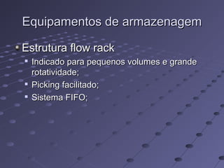 Equipamentos de armazenagemEquipamentos de armazenagem
Estrutura flow rackEstrutura flow rack

Indicado para pequenos volumes e grandeIndicado para pequenos volumes e grande
rotatividade;rotatividade;

Picking facilitado;Picking facilitado;

Sistema FIFO;Sistema FIFO;
 