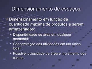 Dimensionamento de espaçosDimensionamento de espaços
Dimensionamento em função daDimensionamento em função da
quantidade máxima de produtos a seremquantidade máxima de produtos a serem
armazenados:armazenados:

Disponibilidade de área em qualquerDisponibilidade de área em qualquer
momento;momento;

Concentração das atividades em um únicoConcentração das atividades em um único
local;local;

Possível ociosidade de área e incremento dosPossível ociosidade de área e incremento dos
custos.custos.
 