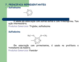 7. PRINCIPAIS REPRESENTANTES
•   Sulfadiazina
                      N

                      N


         É usada em associação com outras sulfas e com trimetoprima. Tem
    ação intermediária.
    Produtos Comerciais: Triglobe, sulfadiazina

•   Sulfadoxina
                      H3C O       O CH3

                                  N
                              N
         Em associação com pirimetamina, é usada no profilaxia e
    tratamento da malária.
    Produtos Comerciais: Fansidar
 