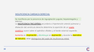 15
La INSUFICIENCIA TRICUSPÍDEA secundaria a hipertensión arterial pulmonar y
dilatación del ventrículo derecho determina la aparición de un soplo
sistólico suave sobre el apéndice xifoides y el borde esternal izquierdo.
Aumenta en inspiración y disminuye en espiración y durante la maniobra
de Vals alva, debe distinguirse del soplo de insuficiencia mitral.
INSUFICIENCIA CARDIACA DERECHA:
Se manifiesta por la presencia de ingurgitación yugular, hepatomegalia y
edemas.
 