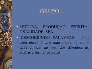 GRUPO 1
 LEITURA, PRODUÇÃO ESCRITA,
ORALIDADE, SEA
 DESCOBRINDO PALAVRAS - Para
cada desenho tem uma sílaba. O aluno
deve colocar ao lado dos desenhos as
sílabas e formar palavras
 