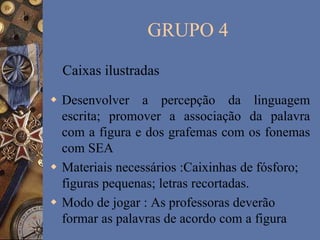 GRUPO 4
 Desenvolver a percepção da linguagem
escrita; promover a associação da palavra
com a figura e dos grafemas com os fonemas
com SEA
 Materiais necessários :Caixinhas de fósforo;
figuras pequenas; letras recortadas.
 Modo de jogar : As professoras deverão
formar as palavras de acordo com a figura
Caixas ilustradas
 