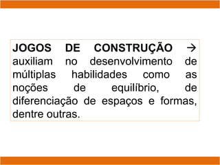 JOGOS DE CONSTRUÇÃO 
auxiliam no desenvolvimento de
múltiplas habilidades como as
noções de equilíbrio, de
diferenciação de espaços e formas,
dentre outras.
 