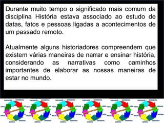 Durante muito tempo o significado mais comum da
disciplina História estava associado ao estudo de
datas, fatos e pessoas ligadas a acontecimentos de
um passado remoto.
Atualmente alguns historiadores compreendem que
existem várias maneiras de narrar e ensinar história,
considerando as narrativas como caminhos
importantes de elaborar as nossas maneiras de
estar no mundo.
 