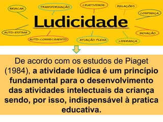 De acordo com os estudos de Piaget
(1984), a atividade lúdica é um princípio
fundamental para o desenvolvimento
das atividades intelectuais da criança
sendo, por isso, indispensável à pratica
educativa.
 