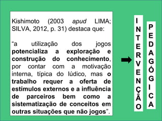Kishimoto (2003 apud LIMA;
SILVA, 2012, p. 31) destaca que:
“a utilização dos jogos
potencializa a exploração e
construção do conhecimento,
por contar com a motivação
interna, típica do lúdico, mas o
trabalho requer a oferta de
estímulos externos e a influência
de parceiros bem como a
sistematização de conceitos em
outras situações que não jogos”.
II
NN
TT
EE
RR
VV
EE
NN
ÇÇ
ÃÃ
OO
PP
EE
DD
AA
GG
ÓÓ
GG
II
CC
AA
 