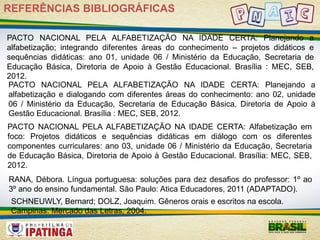 REFERÊNCIAS BIBLIOGRÁFICAS 
PACTO NACIONAL PELA ALFABETIZAÇÃO NA IDADE CERTA: Planejando a 
alfabetização; integrando diferentes áreas do conhecimento – projetos didáticos e 
sequências didáticas: ano 01, unidade 06 / Ministério da Educação, Secretaria de 
Educação Básica, Diretoria de Apoio à Gestão Educacional. Brasília : MEC, SEB, 
2012. 
PACTO NACIONAL PELA ALFABETIZAÇÃO NA IDADE CERTA: Planejando a 
alfabetização e dialogando com diferentes áreas do conhecimento: ano 02, unidade 
06 / Ministério da Educação, Secretaria de Educação Básica, Diretoria de Apoio à 
Gestão Educacional. Brasília : MEC, SEB, 2012. 
PACTO NACIONAL PELA ALFABETIZAÇÃO NA IDADE CERTA: Alfabetização em 
foco: Projetos didáticos e sequências didáticas em diálogo com os diferentes 
componentes curriculares: ano 03, unidade 06 / Ministério da Educação, Secretaria 
de Educação Básica, Diretoria de Apoio à Gestão Educacional. Brasília: MEC, SEB, 
2012. 
RANA, Débora. Língua portuguesa: soluções para dez desafios do professor: 1º ao 
3º ano do ensino fundamental. São Paulo: Atica Educadores, 2011 (ADAPTADO). 
SCHNEUWLY, Bernard; DOLZ, Joaquim. Gêneros orais e escritos na escola. 
Campinas: Mercado das Letras, 2004. 
 