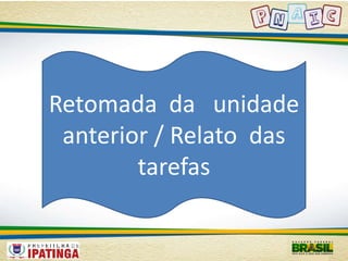 Retomada da unidade 
anterior / Relato das 
tarefas 
 