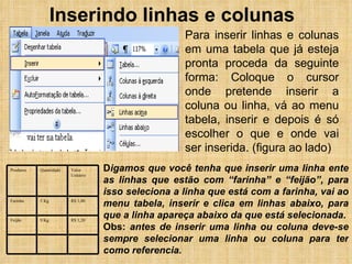 Inserindo linhas e colunas Para inserir linhas e colunas em uma tabela que já esteja pronta proceda da seguinte forma: Coloque o cursor onde pretende inserir a coluna ou linha, vá ao menu tabela, inserir e depois é só escolher o que e onde vai ser inserida. (figura ao lado) D igamos que você tenha que inserir uma linha ente as linhas que estão com “farinha” e “feijão”, para isso seleciona a linha que está com a farinha, vai ao menu tabela, inserir e clica em linhas abaixo, para que a linha apareça abaixo da que está selecionada . Obs:  antes de inserir uma linha ou coluna deve-se sempre selecionar uma linha ou coluna para ter como referencia. R$ 1,20 9 Kg Feijão R$ 1,00 5 Kg Farinha Valor Unitário Quantidade Produtos 