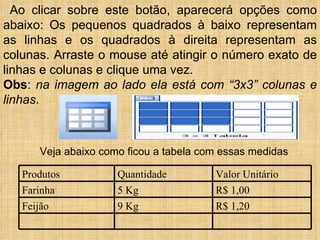Ao clicar sobre este botão, aparecerá opções como abaixo: Os pequenos quadrados à baixo representam as linhas e os quadrados à direita representam as colunas. Arraste o mouse até atingir o número exato de linhas e colunas e clique uma vez. Obs :  na imagem ao lado ela está com “3x3” colunas e linhas .  Veja abaixo como ficou a tabela com essas medidas R$ 1,20 9 Kg Feijão R$ 1,00 5 Kg Farinha Valor Unitário Quantidade Produtos 